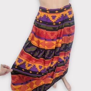 80s Southwest Pleated Skirt Mustard Orange Red S